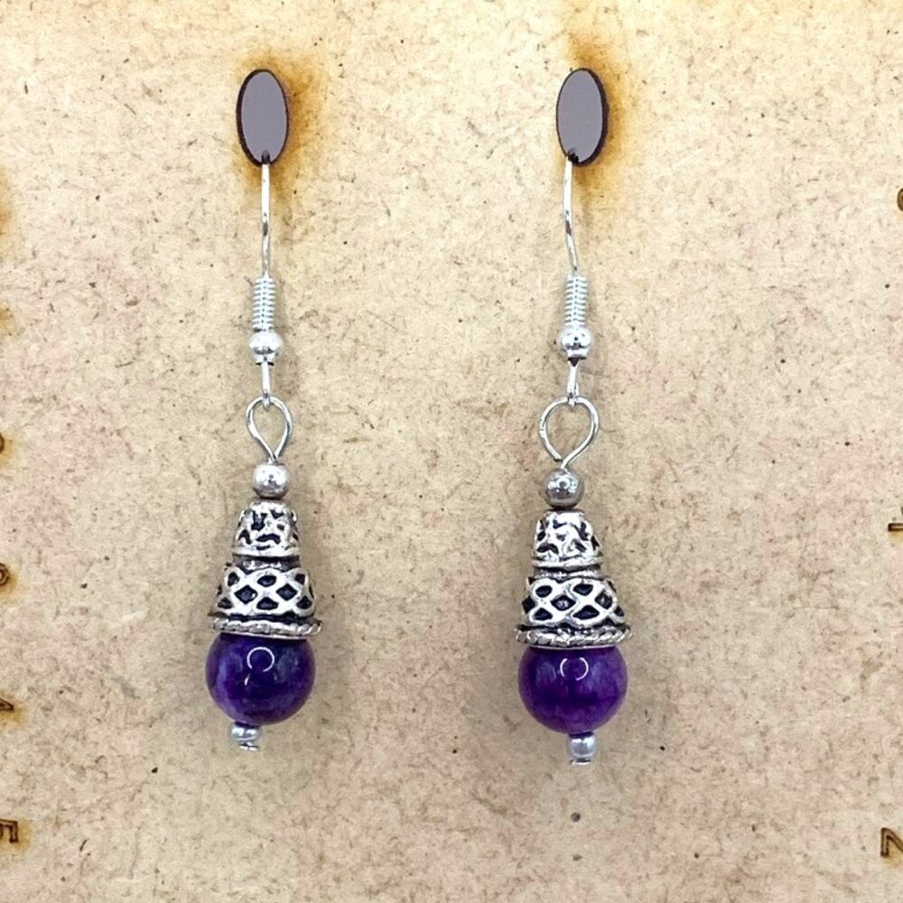 AMETHYST Silver Bali Style Handmade Bead Pierced Earrings LA123